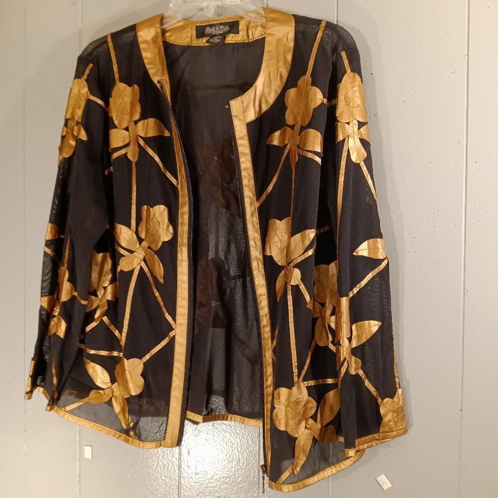 Peck & Peck Black and Copper Floral Semi Sheer Long Sleeve Zip Up Jacket… - Picture 3 of 6